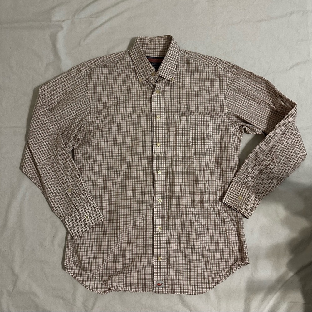 Vineyard Vines Men’s Button Up Long Sleeve Size M Plaid 100% Cotton White Red
